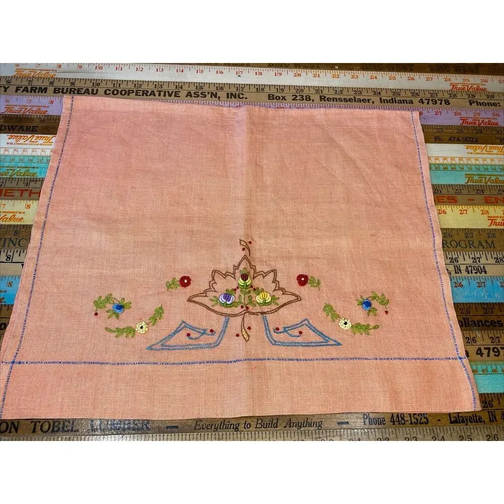 VINTAGE Hand Embroidered Tea Guest Towels Dresser Scarfs LINEN Floral Lot of 3